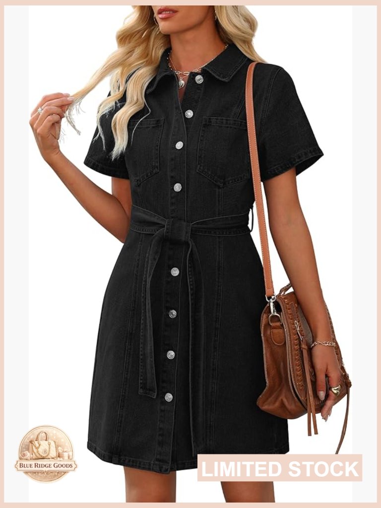 Denim Shirt Dress Casual Western Button Down Short Sleeve A-Line Pocket